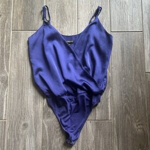 Express‎ Royal Blue Satin Wrap Bodysuit Adjustable Straps Small Party Holiday